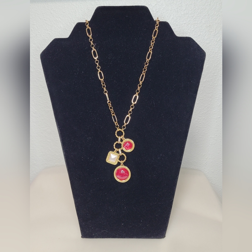 A New Day Cabochon Triple Drop Gold and Red Pendant Necklace